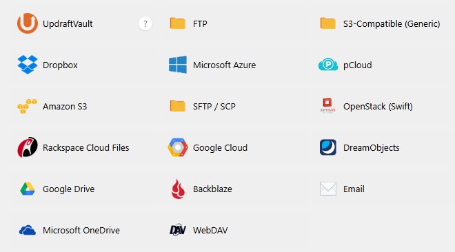 UpdraftPlus backup location options in WordPress settings